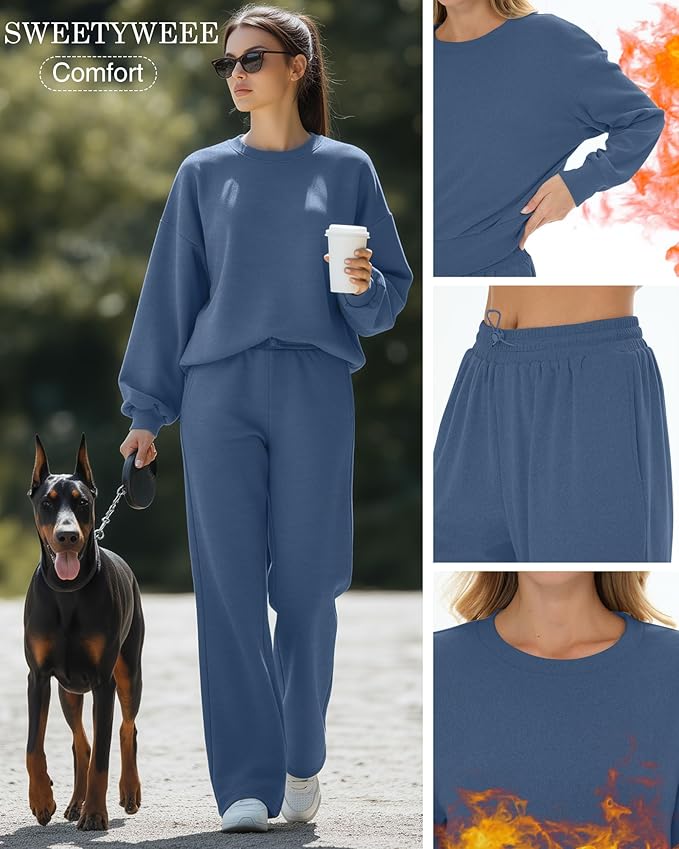 Sweetyweee Women's 2 Piece Outfits Set Fleece Lined Lounge Sweatsuit Crewneck Pullover Top Wide Leg Pants Casual Tracksuit
