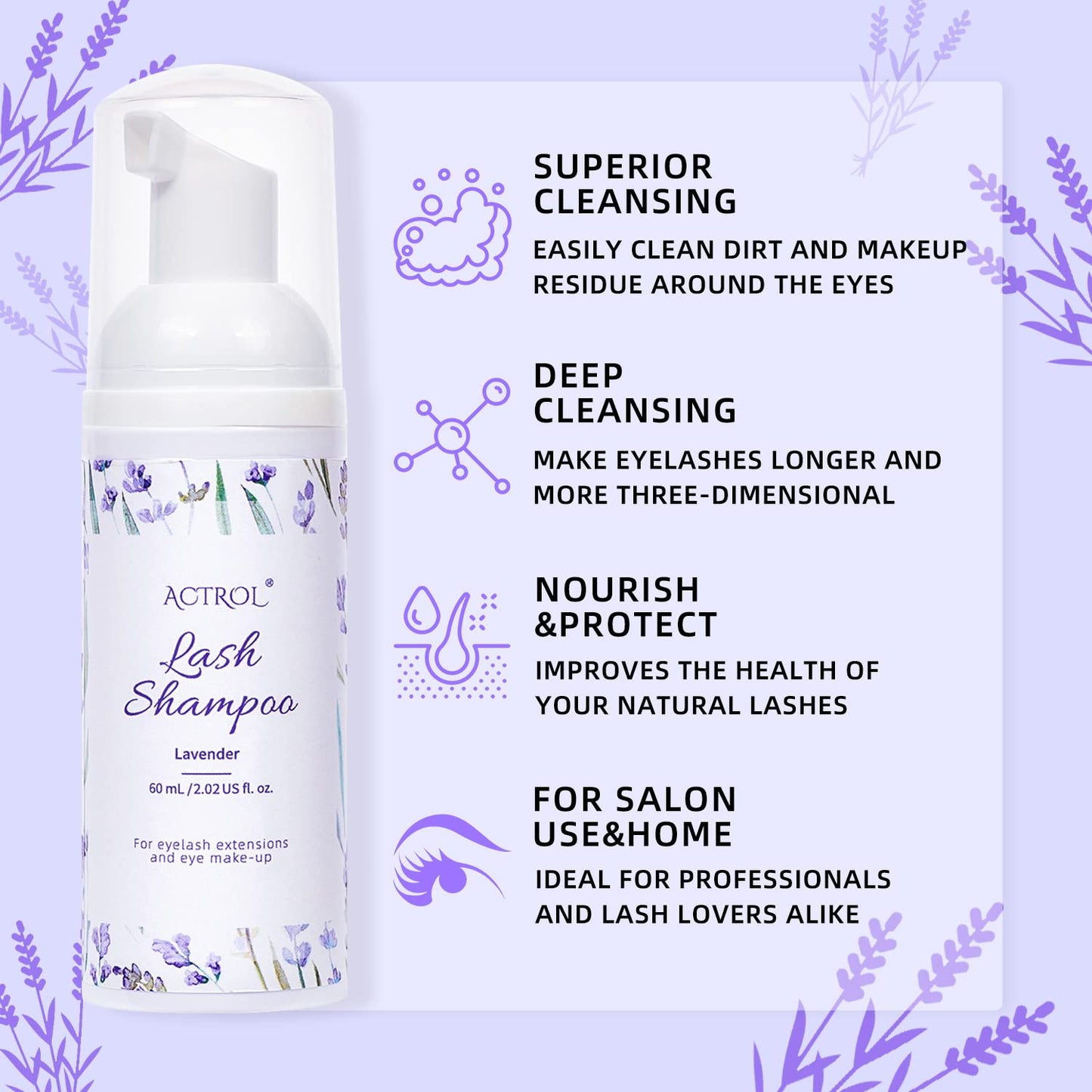 ACTROL Eyelash Extension Cleanser 60ML Natural Lash Extension Shampoo Lavender Professional Eyelid Foaming Cleanser Paraben & Su