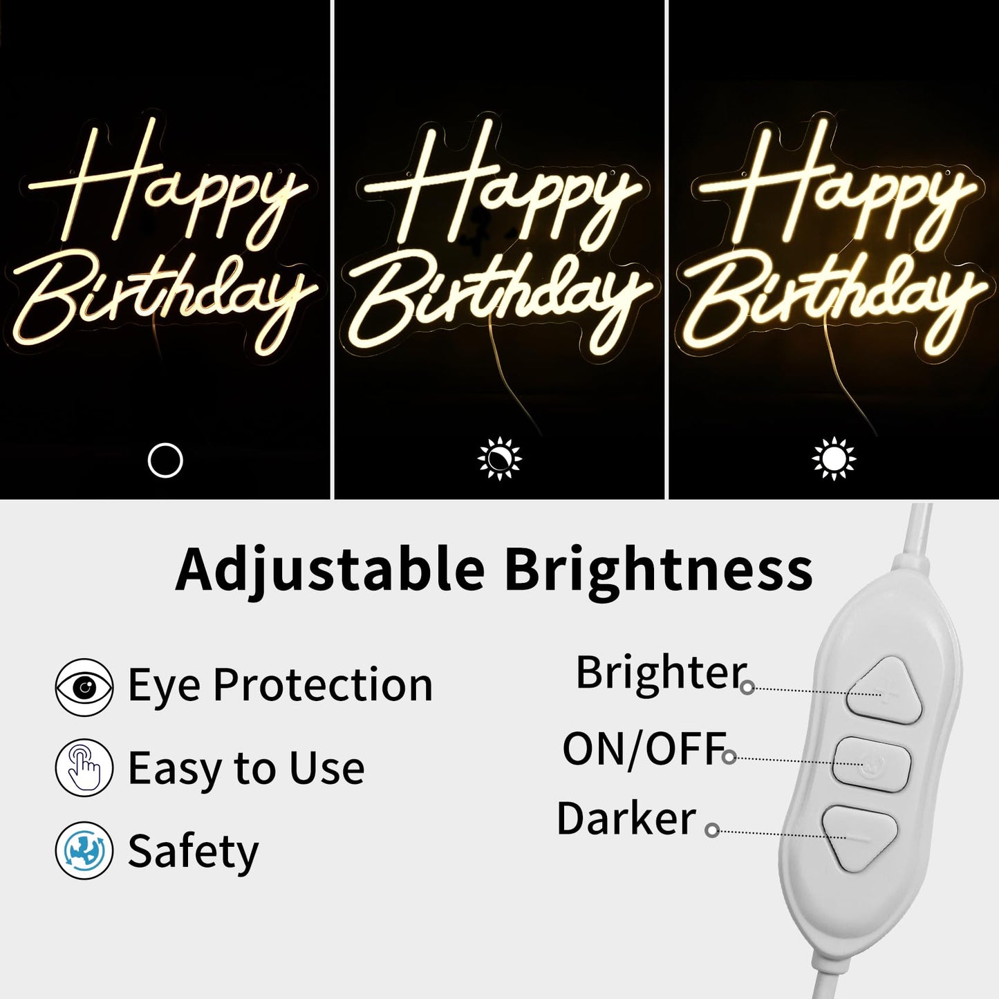 Happy Birthday Neon Sign for Backdrop, LED Happy Birthday Light Up Sign, USB Powered Dimmable Neon Light for Birthday Party Decorations Wall Decor, Warm White