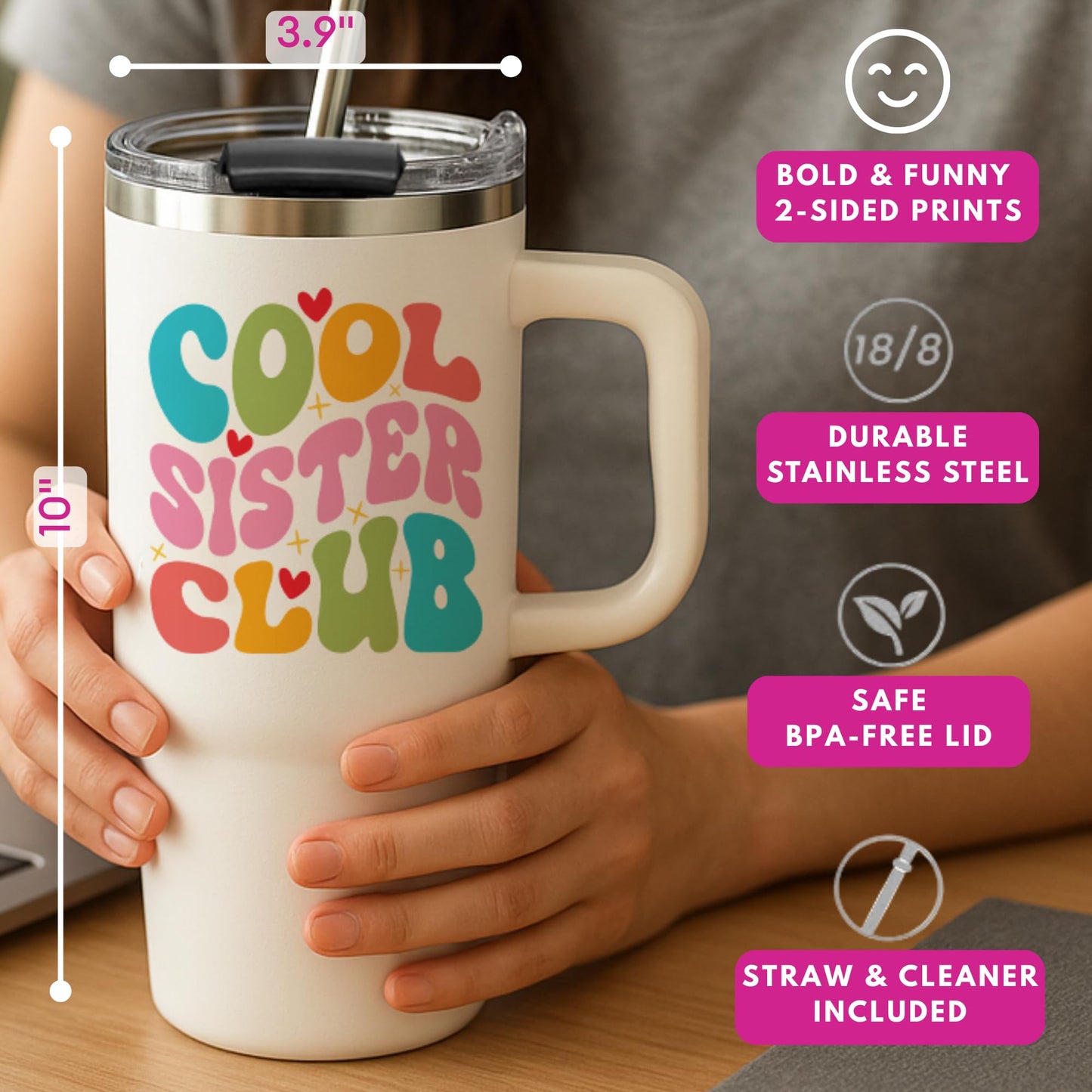 LIERIE8888 Cool Sister Club Tumbler 40Oz - Big Sis Gift Ideas, Funny Coffee Presents for Her, Cute Sibling Tumbler with Handle for Younger or Older Sisters, Birthday Gifts for Women and Teenage Sis