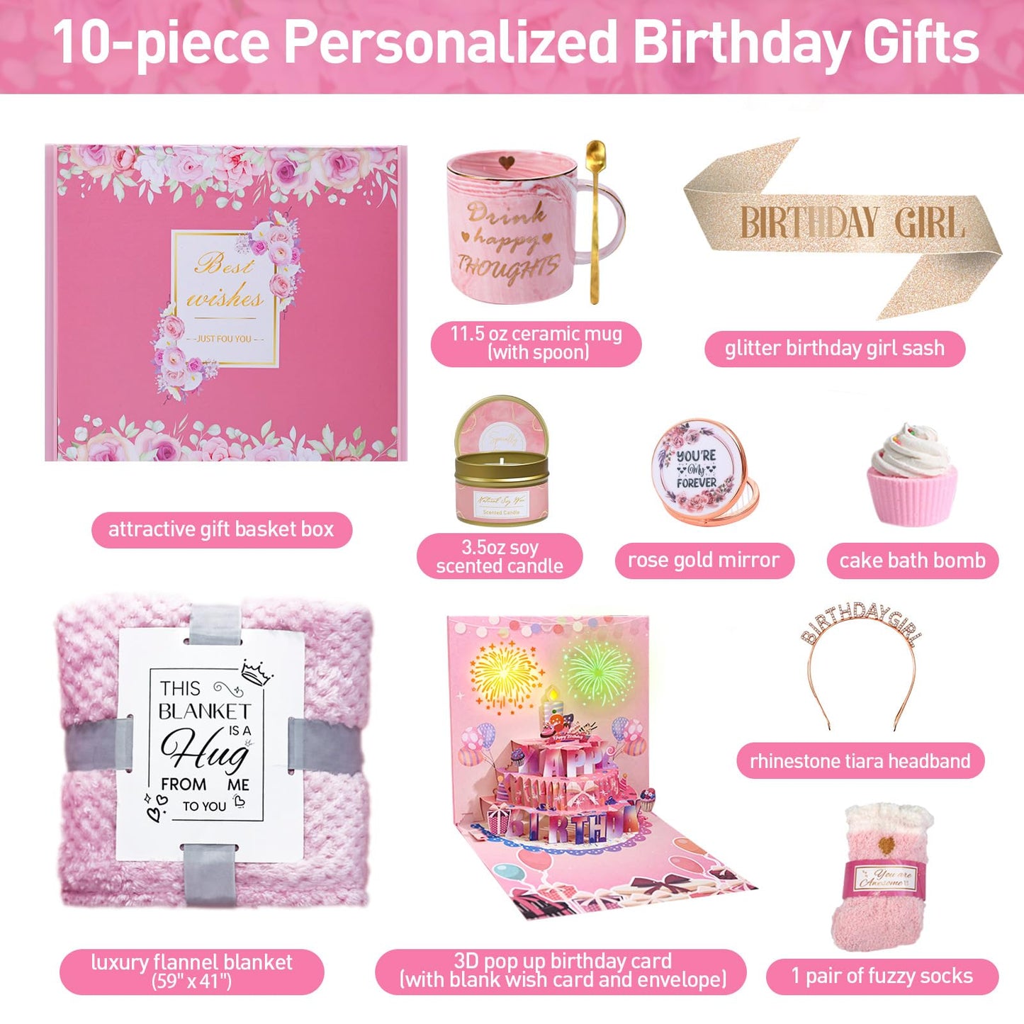 Birthday Gifts for Women Happy Birthday Gifts Basket for Women, Unique Relaxing Spa Birthday Gift Set Box for Her Best Friend Sister Wife Girlfriend Grandma Female Mom, with 3D Birthday Cards Blanket
