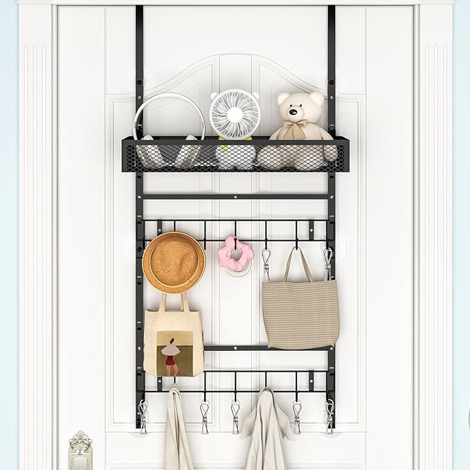 bukfen Adjustable Over the Door Hooks Organizer,Multi-Purpose Storage Organizer Over the Door Organizer with Shelf and Hooks,Hanging Door & Wall Mounted Coat Storage Rack for Bedroom,Bathroom,Kitchen
