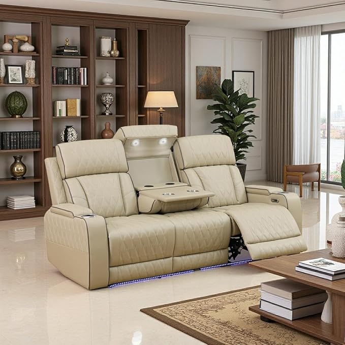Toseslo Leather Reclining Sofa Set, Power Recliner Sofa Sectional Couches with Drop-Down Table, Living Room Furniture, Reclining Sofa with Cup Holders/Storage Console for House(Beige)