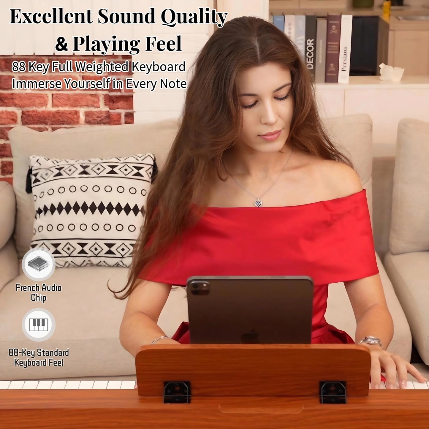 PLYOR 88 Key Digital Piano Keyboard with Stand & 3 Pedals, Weighted Keyboard Electric Piano for Beginners, Progressive Hammer-Action Home Digital Piano with Desk Mode, Headphone Jack, USB-MIDI, Brown