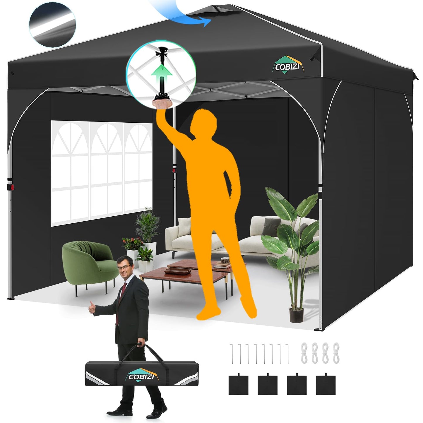 COBIZI 10x10 Pop up Canopy, Canopy Tent 10x10 with 3 Sidewalls, 1 Person Easy Set up，Tents for Parties, Outdoor Tent with Fluorescent Strip & 4 Sandbags, Waterproof, 3 Adjustable Height（Black）