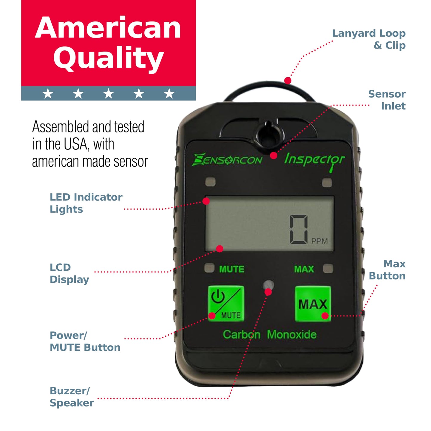 Sensorcon Inspector Portable Carbon Monoxide Detector with Visual and Audio Alarms – Waterproof Digital CO Detector for Personal, Ambient, and Combustion Monitoring
