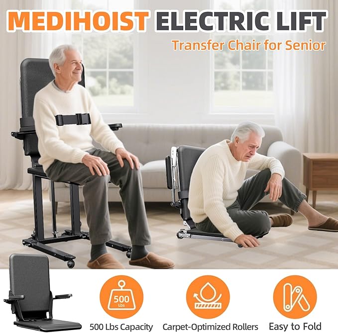 Upgrade Steel Electric Lift Chair with Advanced Wheels and PU Cushion, Floor Lift for Elderly, Support Up to 500 LBS, Safety Seat Belts and Handrails, Suitable for Home or Care Facilities Use, Black