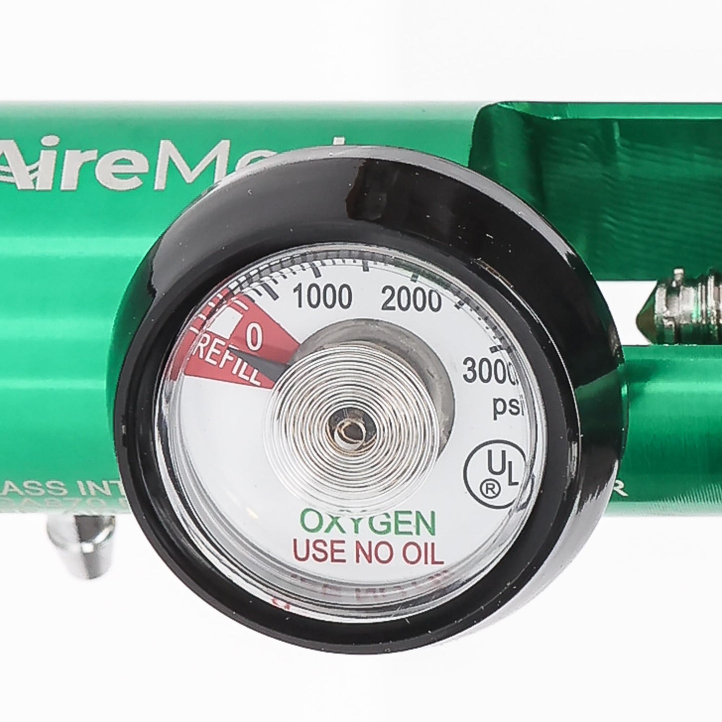 AireMed Oxygen Regulator 0-25LPM, CGA-870 Gauge Flow Rate – Includes Wrench Key, 5 Brass Yoke Washer Seals, and 2 Oxygen Tubing Swivel Connectors - Ergonomic Handle Design - Green