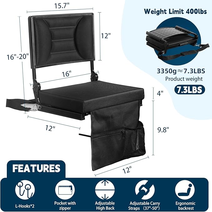 Extra Wide Stadium Seat with Back Support | Adjustable High Back & Thick Padded | Bleacher Chairs with back and Cushion, Includes Cup Holder, Shoulder Strap, Perfect for Concerts, Sports Events-BL