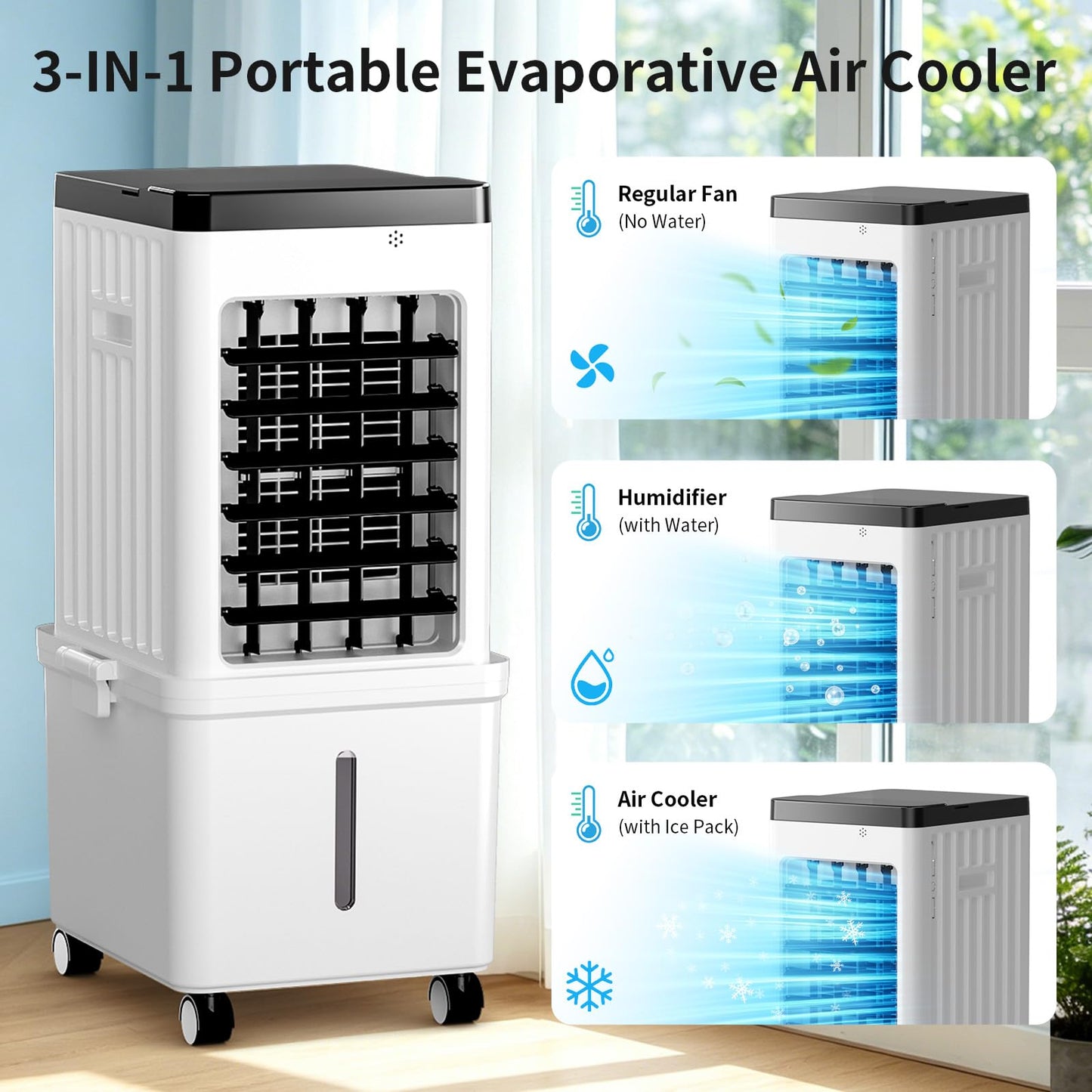 Simersure Portable Air Conditioners, 3-in-1 Portable AC Unit with Removable 2.6 Gal Water Tank, Dehumidifier & Fan, Evaporative Air Cooler Windowless with 3 Wind Speeds for Bedroom Office Garage