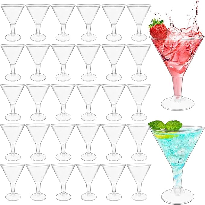 50 Pack Plastic Martini Glasses,7 oz Clear Disposable Cocktail Cups,Reusable Tall Stemmed Wine Shooter Glasses for Party W...