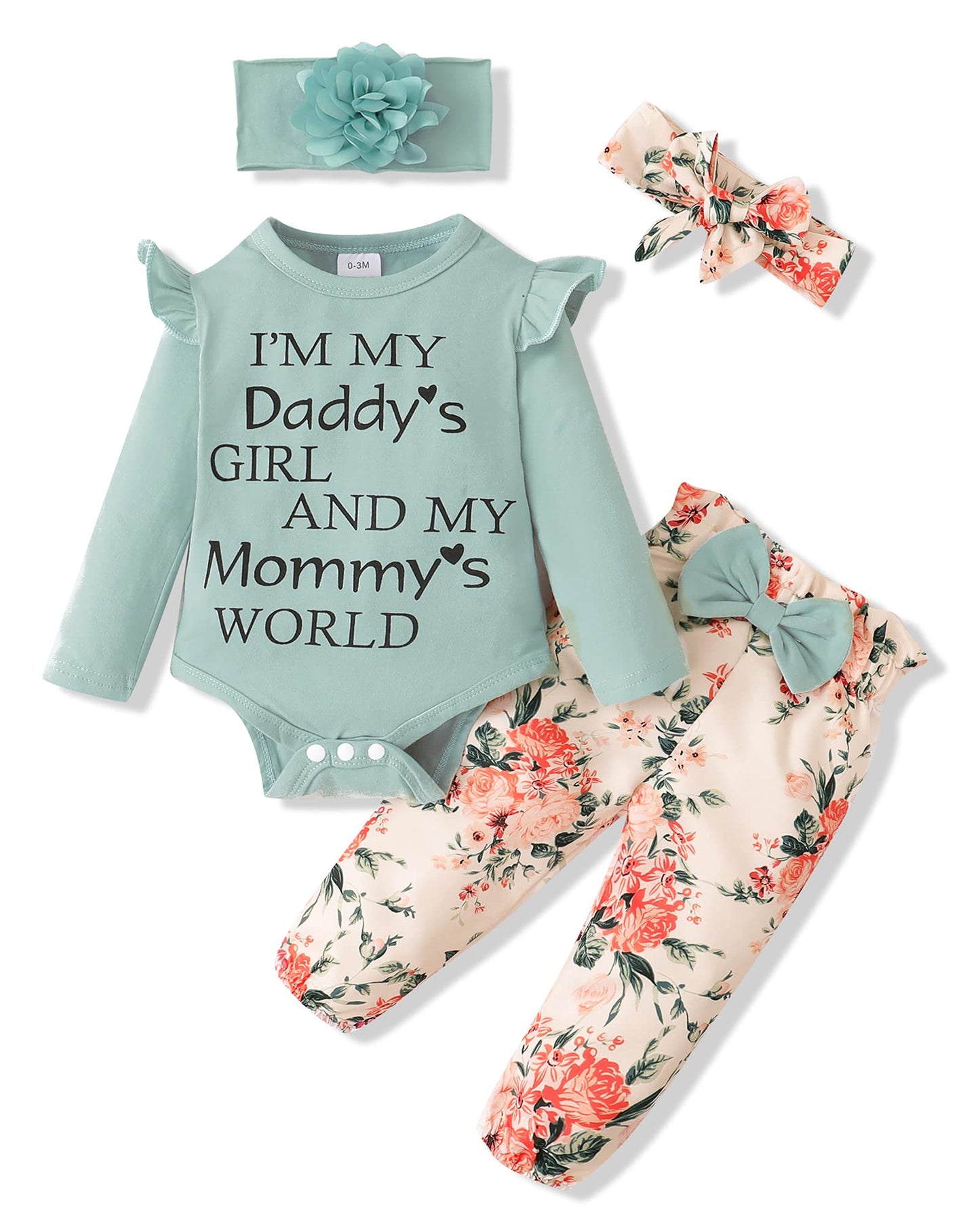 SUNNY PIGGY Baby Girl Clothes Newborn Outfit Infant Winter Fall One Piece Set Letter Print Flower Pants Set Long Sleeve Romper Baby Girl's Clothing with Headband 3-6 Months Green 4PCS