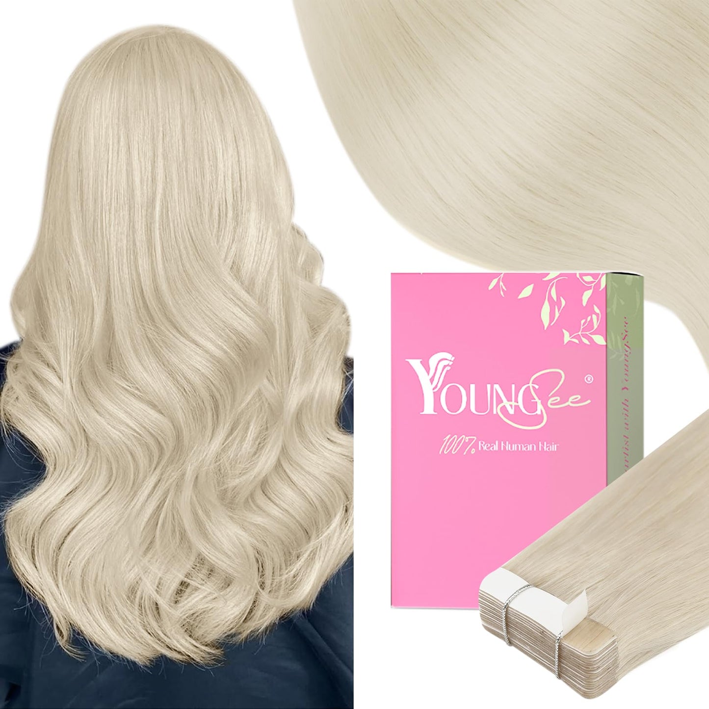 YoungSee Invisible Tape in Hair Extensions Human Hair Platinum Blonde Tape in Human Hair Extensions Platinum Blonde 18Inch Tape