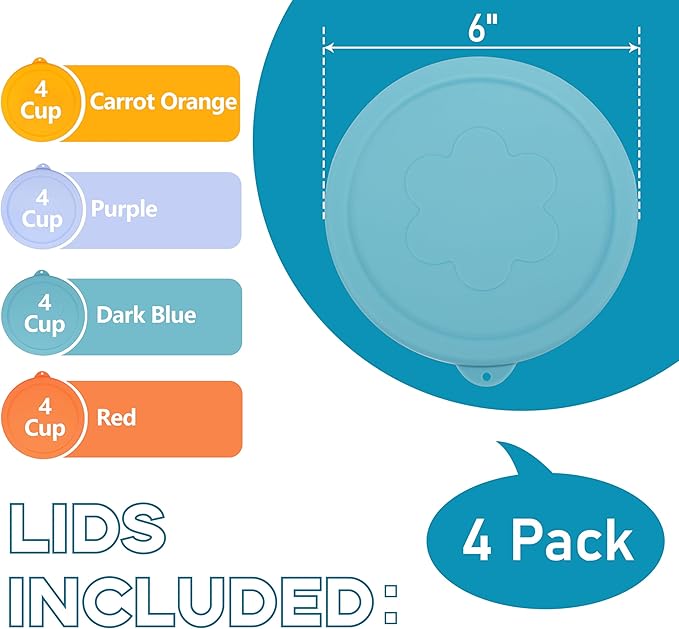 4 Cup Silicone Replacement Lids Storage Cover for Anchor Hocking Glass Bowls (Container not Included) 4 Pack Microwave, Dishwasher and Freezer Safe