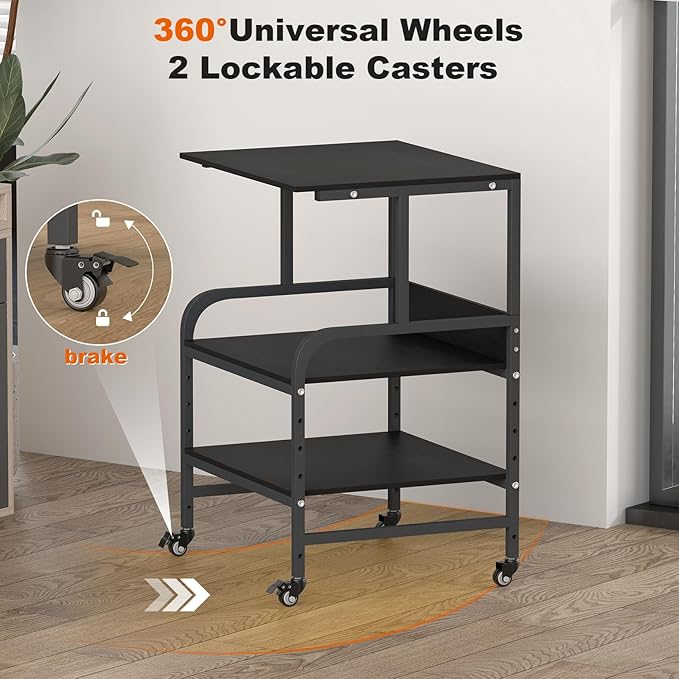 STEELIST Black Printer Stand, Large Printer Table with Wheels, 32.48 X 22.05 X 18.9 Home Office Rolling Stand with Adjustable Shelf, Heavy Duty Printer Cart for Scanner, Fax, Black Ebony
