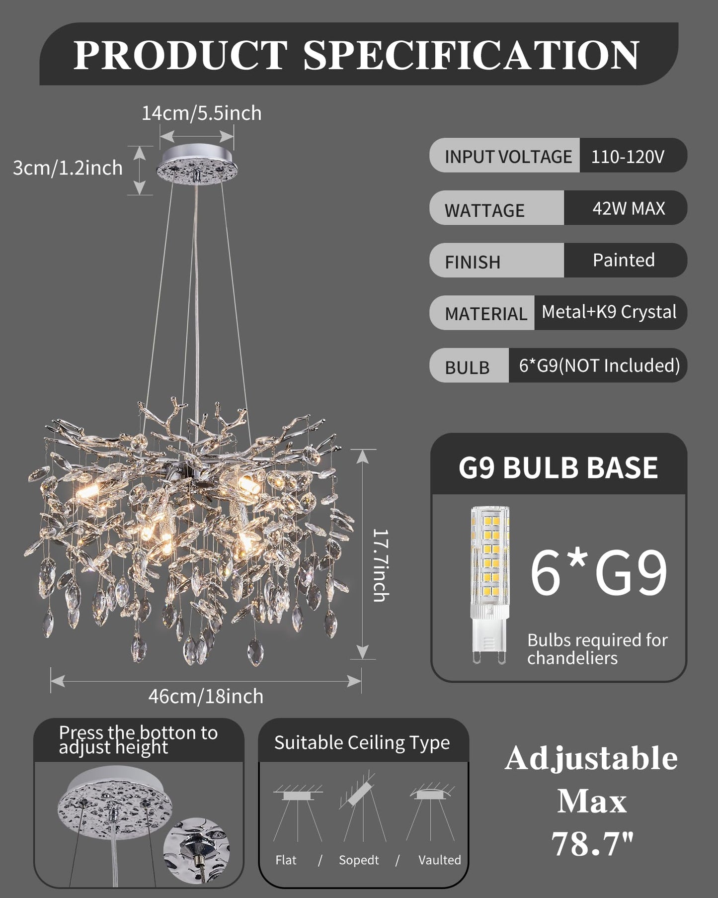 witkey Modern Tree Branch Crystal Chandelier Luxury Silver Crystal Pendant Lighting 18" Contemporary 6-Light Chandeliers for Dining Room Kitchen Bedroom Living Room