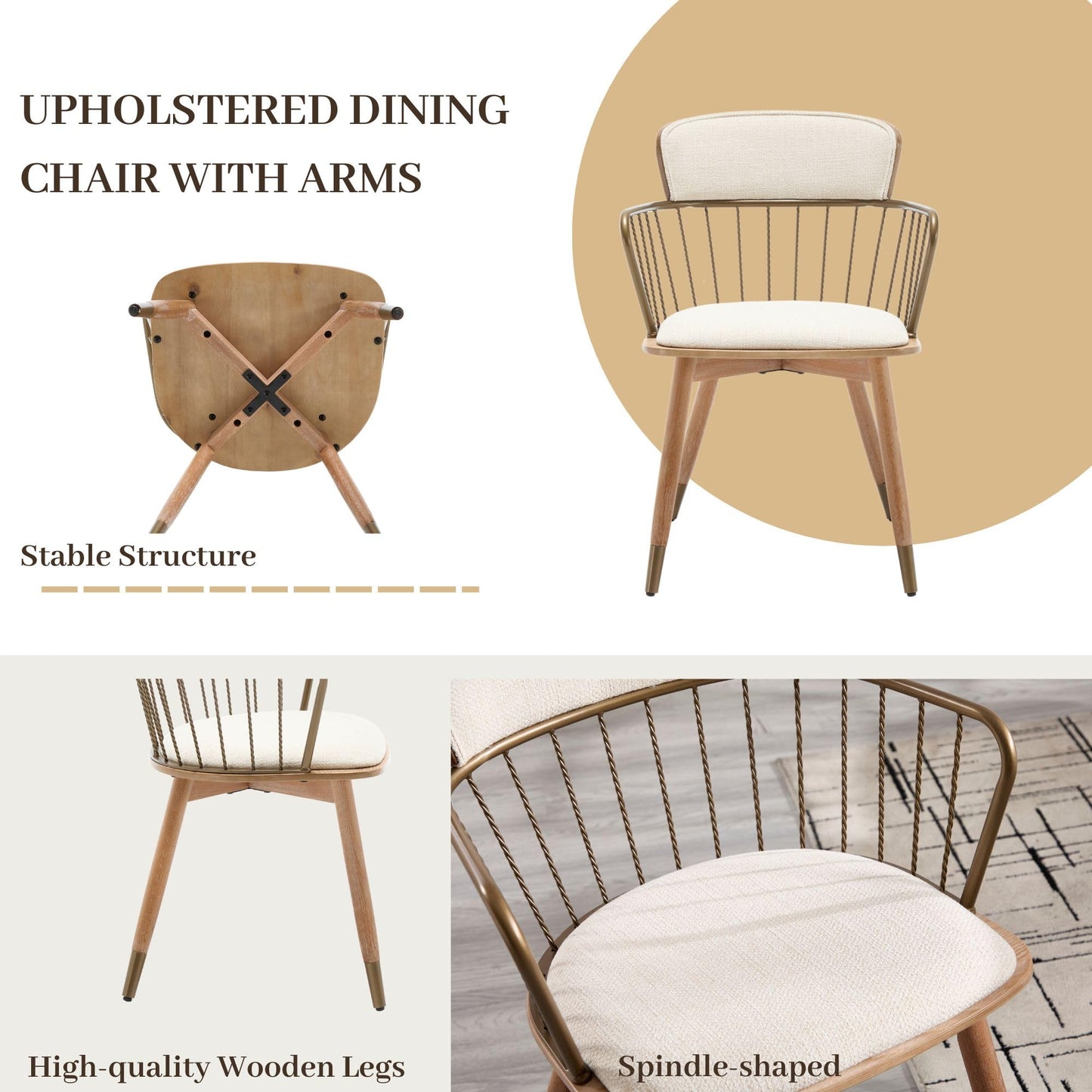 Linen Upholstered Dining Room Chairs Set of 2, Spindle Back Wooden Chairs, Mid Century Modern Dining Chairs with Arms & Metal Legs, Industrial Side Armchairs for Living Room/Restaurant,Beige