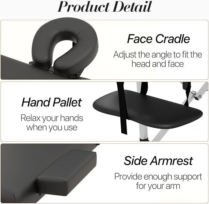 Massage Table Massage Bed, Portable 3 Section Foldable Tattoo Bed, Height Adjustable Lash Spa Bed with Face Cradle, Home Light Weight Facial Salon Bed with Aluminum Frame, Black