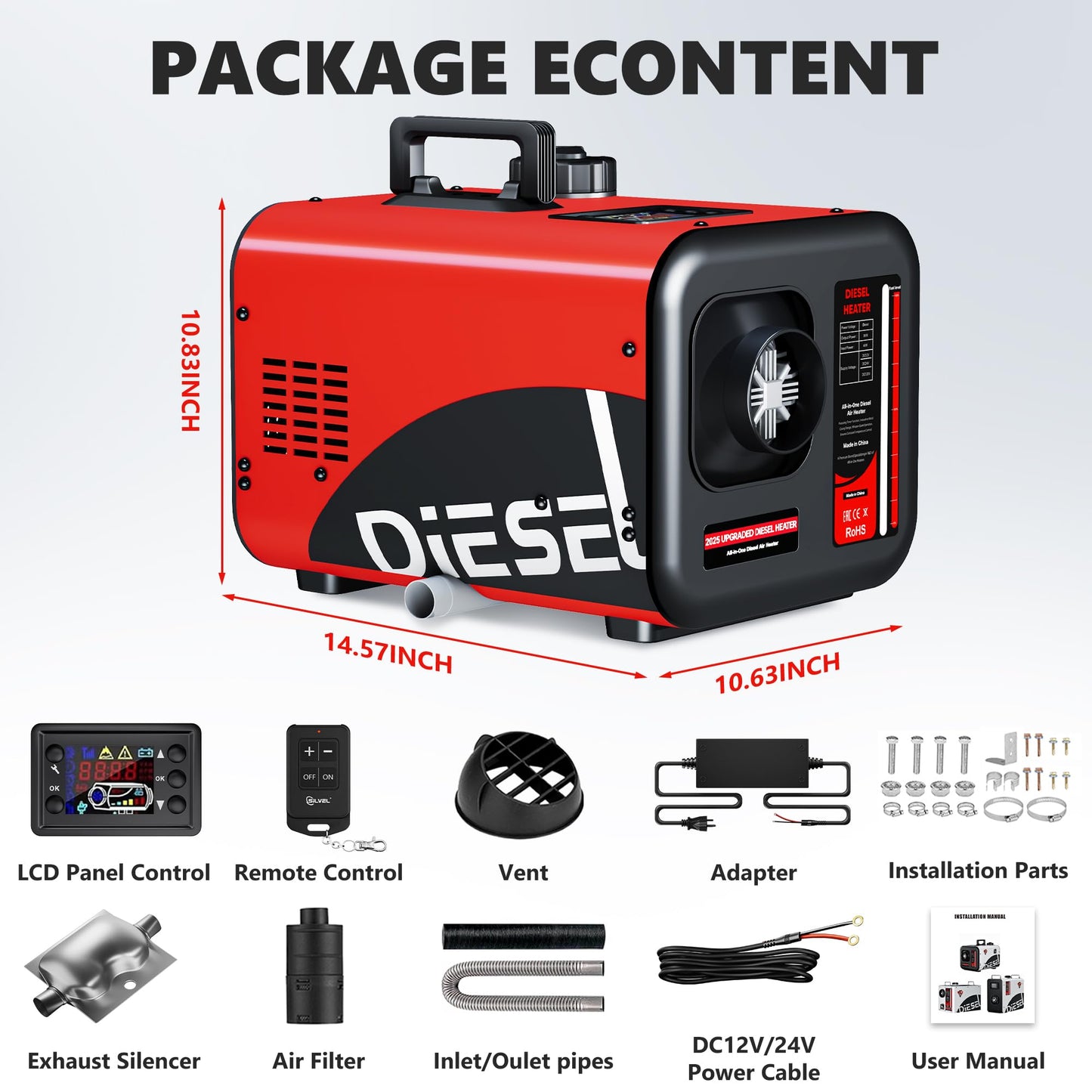 SILVEL Diesel Heater 8KW 110V/12V/24V, All-in-One 7L-8L Portable Diesel Air Heater with LCD Screen, Remote Control, Suitable for Car, Camper, RV, Truck, Home, Garage, Shop, Boat, Red