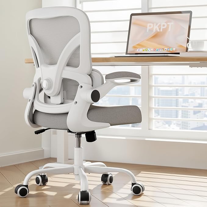 PKPT Mesh Office Chair, 330LBS Ergonomic Desk Chair with Adjustable Lumbar Support, Executive Computer Chairs for Home Office, White and Gray