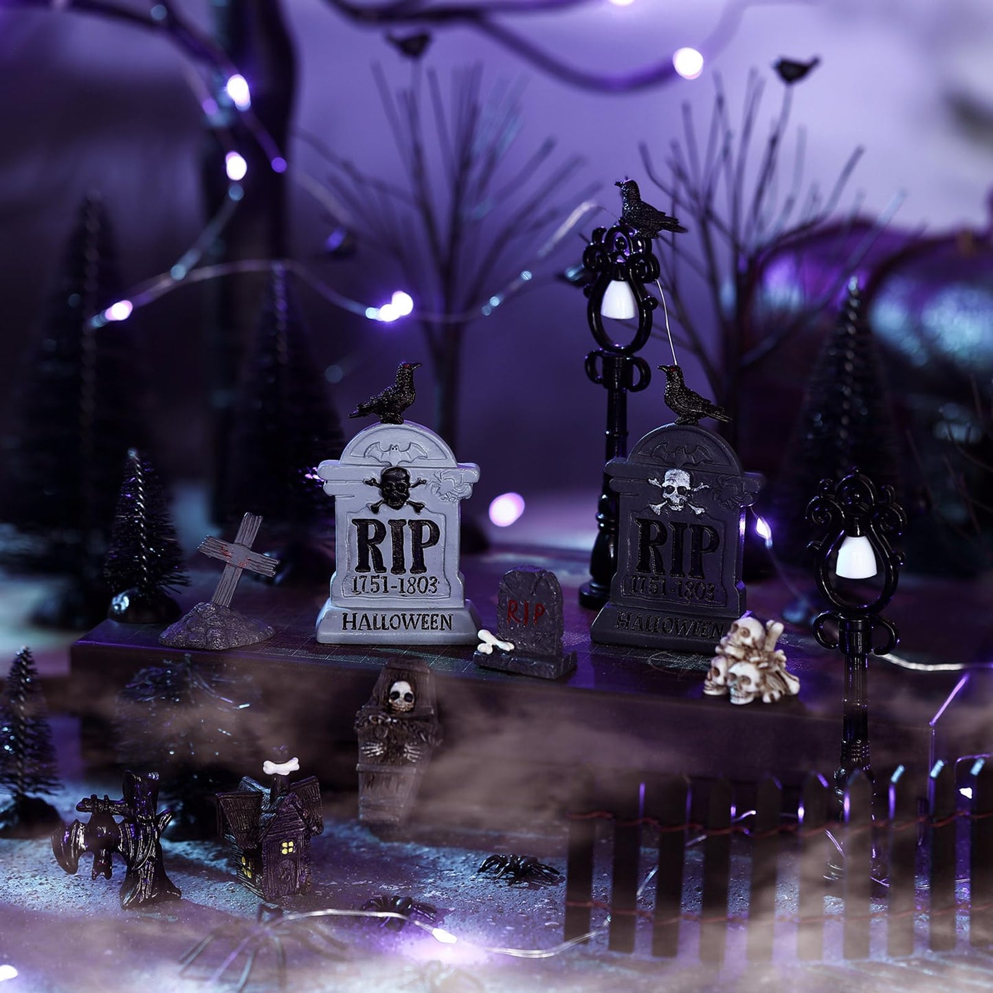 Zeyune 33 Pcs Halloween Village Accessories Set Miniature Halloween Figurines Bare Branches Bottle Brush Trees Tombstones Spiders Resin Horror Village Collections for Town Decorations