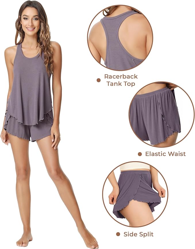NACHILA Pajamas for Women-Viscose from Bamboo, Ribbed Racerback Tank Top Sexy Split Shorts Pajama Sets Cooling Sleep Cami Pjs