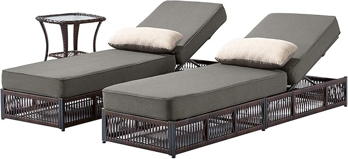 ACTREST Luxury Outdoor Chaise Lounge Chairs of 2 with 5 Inch Thick Cushions and Side Table - 3 PCS High Back Brown Wicker Rattan Patio Recliners Lounger Furniture Set for Poolside Sunbathing - Grey