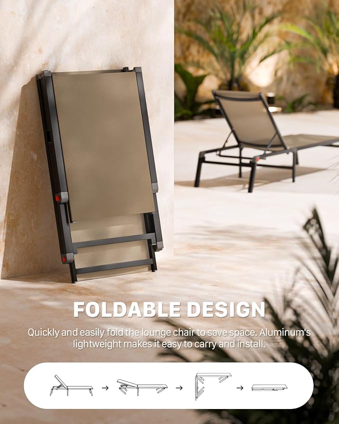 Aluminum Chaise Foldable Patio Lounge Chair Outdoor, Metal Deck Lounger Adjustable 5-Position Recliner Pool Chase Breathable Full Flat Outside Sun Tanning Chairs for Beach/Poolside/Lawn(Khaki, 2 Pack)
