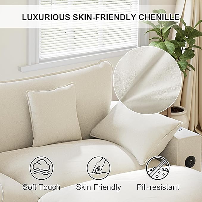 KCGKCG 80.7" Modular Sectional Sofa, L Shaped Cloud Couch with Movable Ottoman, Chenille Deep Seat Cloud Sofa with Charging Station, Cup Holder, Side Pocket, Sectional Couches for Living Room, Beige