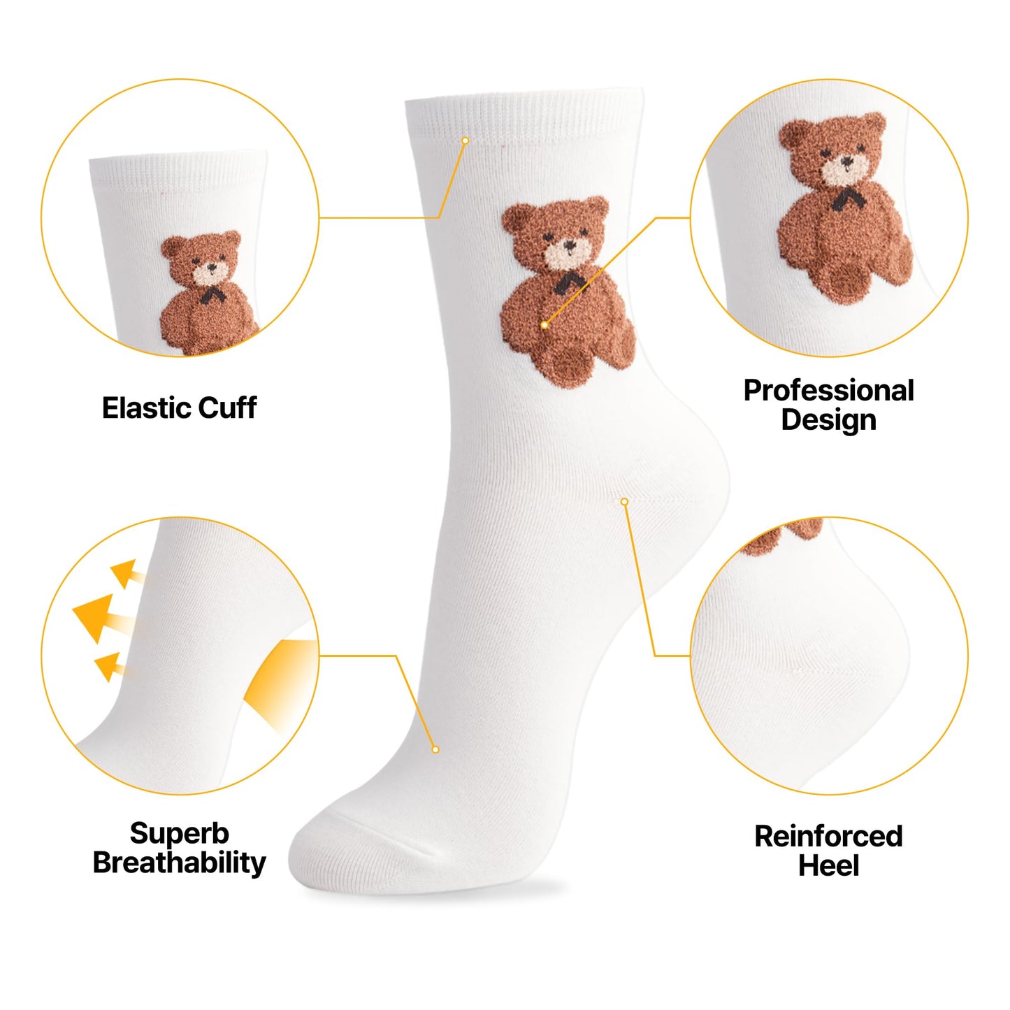 kikiya socks Women Cute Crew | 5 Pairs Cute Bear Character Graphic Print and Striped Designed White Black Ivory Brown Colored Daily Cotton Socks | Womens Ladies Girls Gift | Bear B