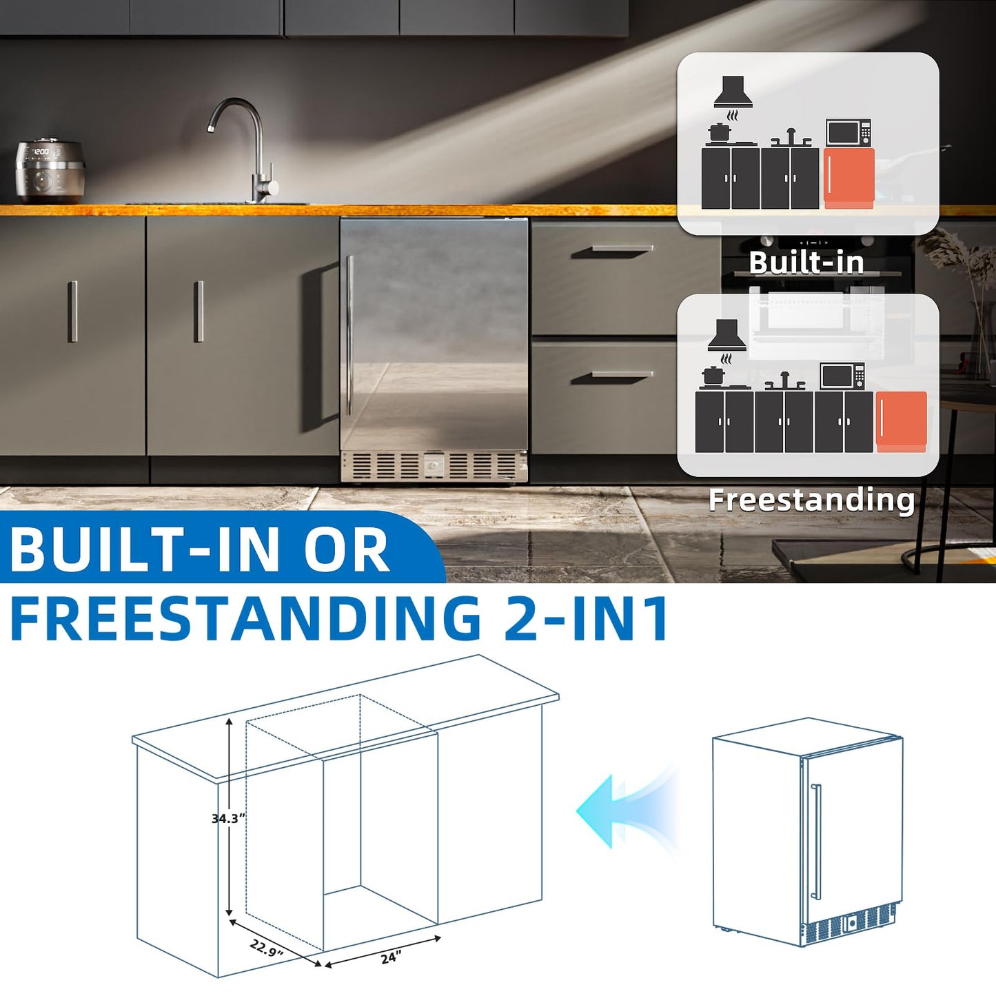 Antarctic Star 24 Inch Outdoor Beverage Refrigerator, 180 Can Stainless Steel Mini Fridge, Undercounter Built-in or Freestanding, Fast Cooling Low Noise Wine Cooler for Home Patio, 32-50°F