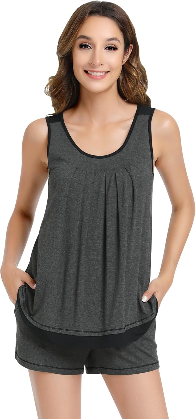 NACHILA Pajamas for Women-Viscose from Bamboo, Ribbed Racerback Tank Top Sexy Split Shorts Pajama Sets Cooling Sleep Cami Pjs