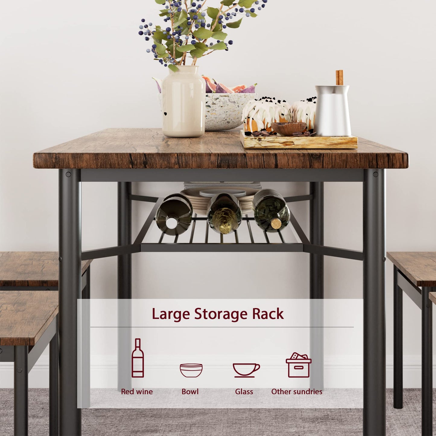 GAOMON Dining Table Set for 4, Kitchen Table and Chairs for 4 with Wine Rack, Dining Room Table Set with 4 Chairs, Rectangular Kitchen Table Set for Small Space, Apartment, Rustic Brown