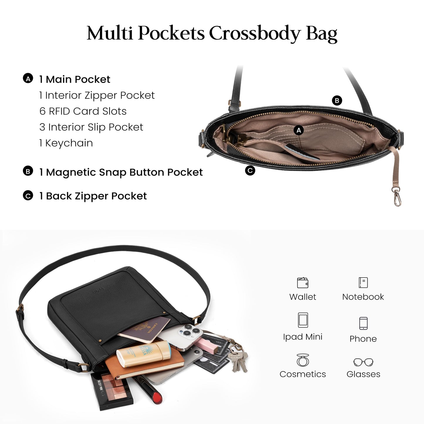 befen Black Genuine Leather Small Crossbody Bags for Women, Womens Cross Body Purse Shoulder Bag Handbags with RFID Blocking Card Slots for Daily & Travel