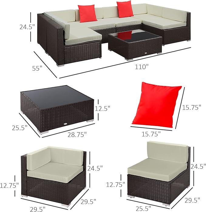 Outsunny 7-Piece Patio Furniture Set, Outdoor Wicker Conversation Set, All Weather PE Rattan Sectional Sofa Set with Cushions and Tempered Glass Top Coffee Table, Pillows, Cream White