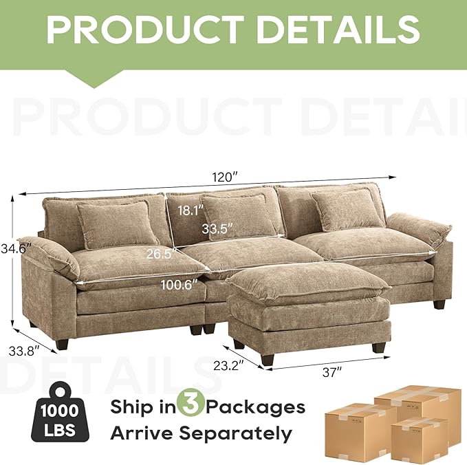 Oprisen 120" Modular Sectional Sofa, Comfy Cloud Couch Sectional Sofa with Ottoman, Chenille Sofa Sleeper Deep Seat Sofa with Throw Pillows for Living Room (Khaki, 120"- L Shape)