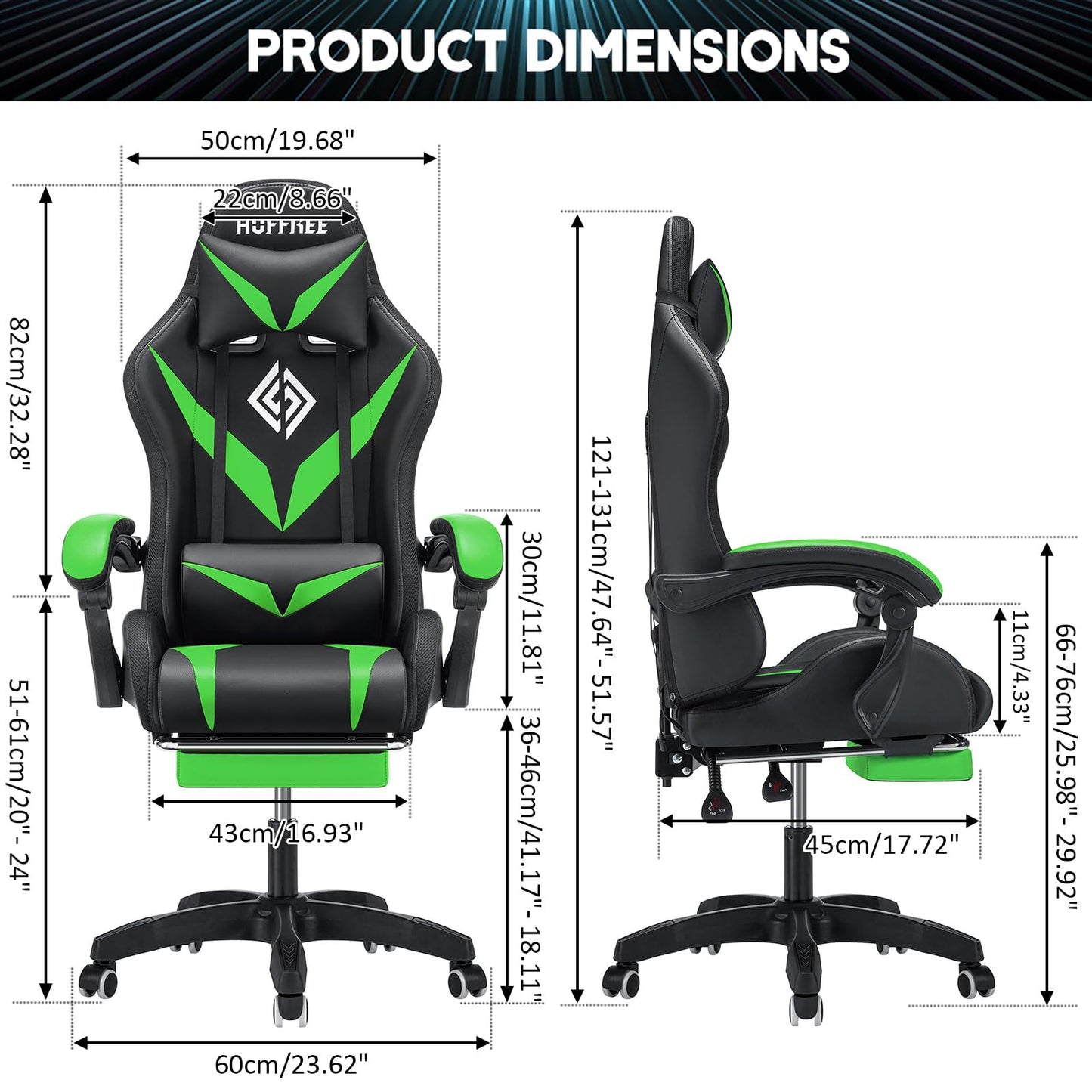 RGB Gaming Chair with LED Lights and Massage Ergonomic Computer Chair with Footrest High Back Video Game Chair with Adjustable Lumbar Support Linkage Armrest Green and Black