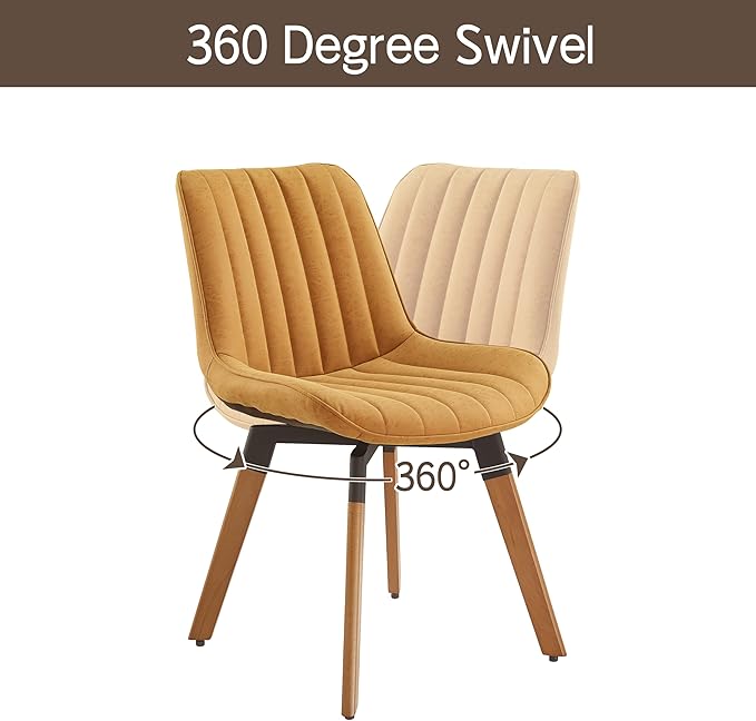 Art Leon Dining Chairs Set of 4, Mid Century Modern Swivel Kitchen Dining Room Chairs, Upholstered Faux Leather Armless Side Chairs with Wood Legs for Living Room Bedroom, Yellow Brown