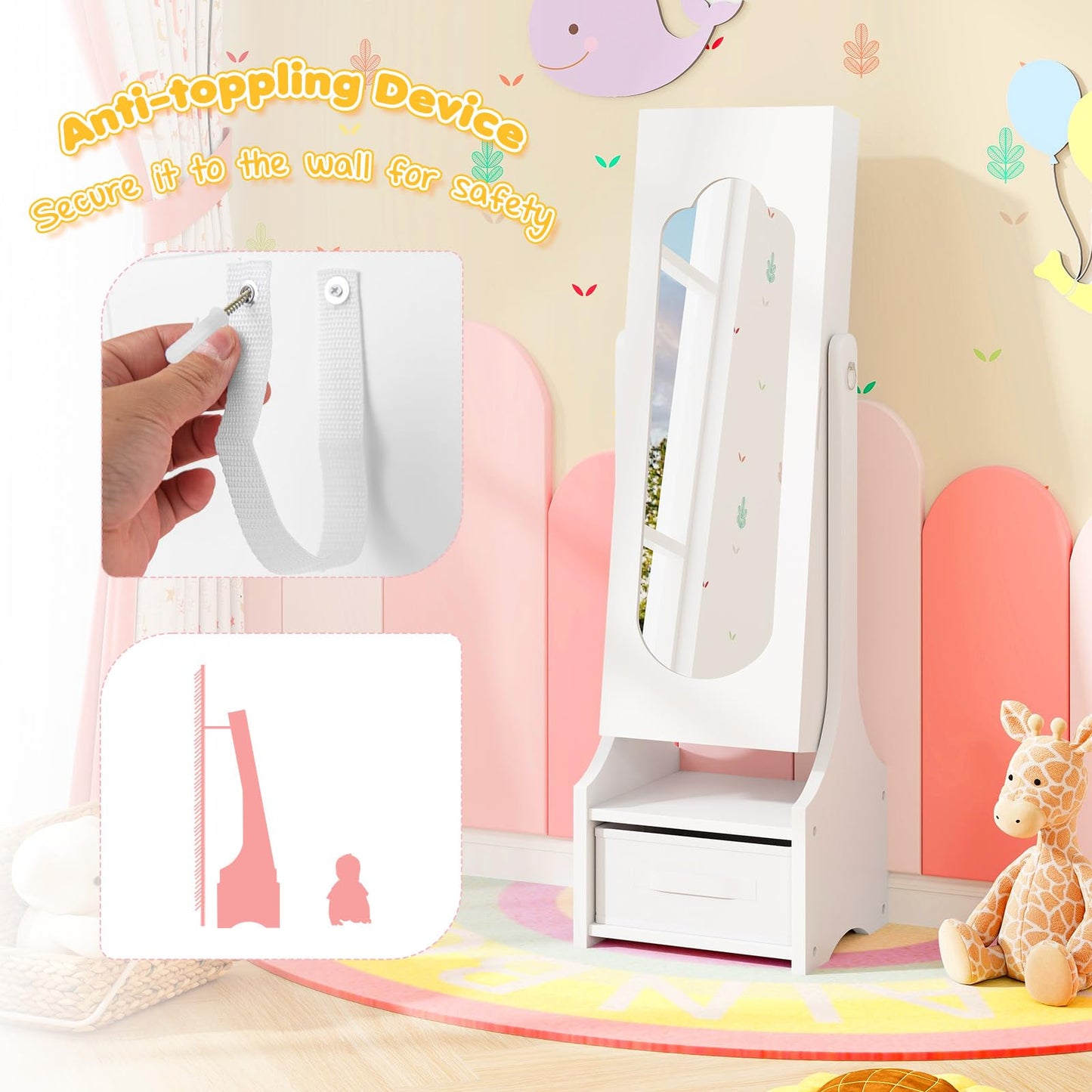 CHEFJOY Kids Jewelry Armoire Cabinet, Children Dressing Organizer with Mirror Full-Length & 3 Storage Drawers, Free Standing Princess Make Up Vanity for Girls Room, Bedroom (White)