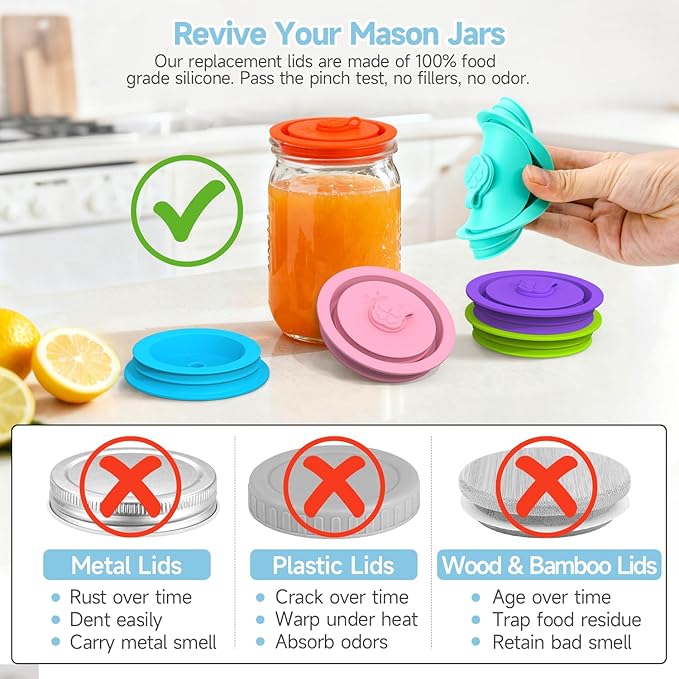 SOPHICO Silicone Replacement Lids Fit Ball, Kerr Regular & Wide Mouth, Mason Jar Covers with Straw Hole & Stopper Plug, Dual-sided Design, Airtight Seal - Straw & Glass Not Included (Mix1, 6 Pack)