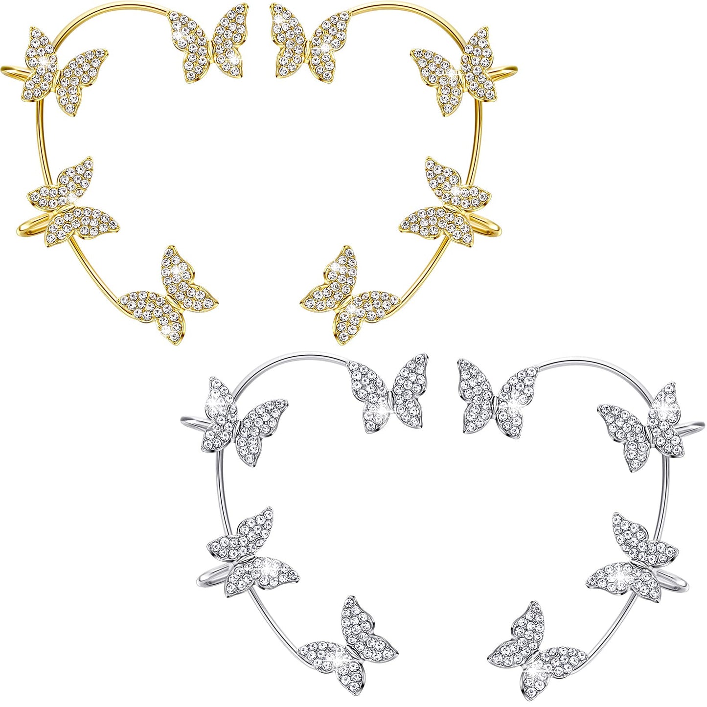 Bonuci 4 Pcs Butterfly Ear Cuff Earrings Glitter Rhinestone for Women Wrap Crawler No Piercing Butterfly Clip Wrap Around Fake Earrings (Gold, Silver, regular Style)