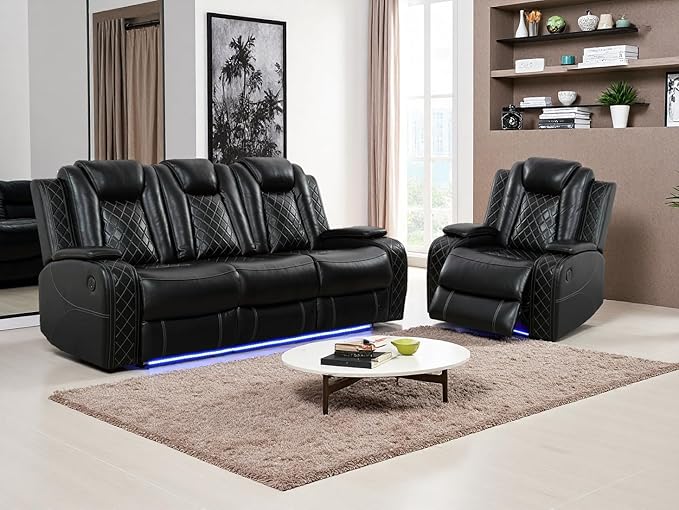 Dekmxas 2 Pieces Living Room Furniture Sets, Power Recliner Sofa Set, Black Leather Power Reclining Sectional Sofa Couch Set with 3 Recliner Seats with Storage Console/Cup Holders for Home Theater/RV