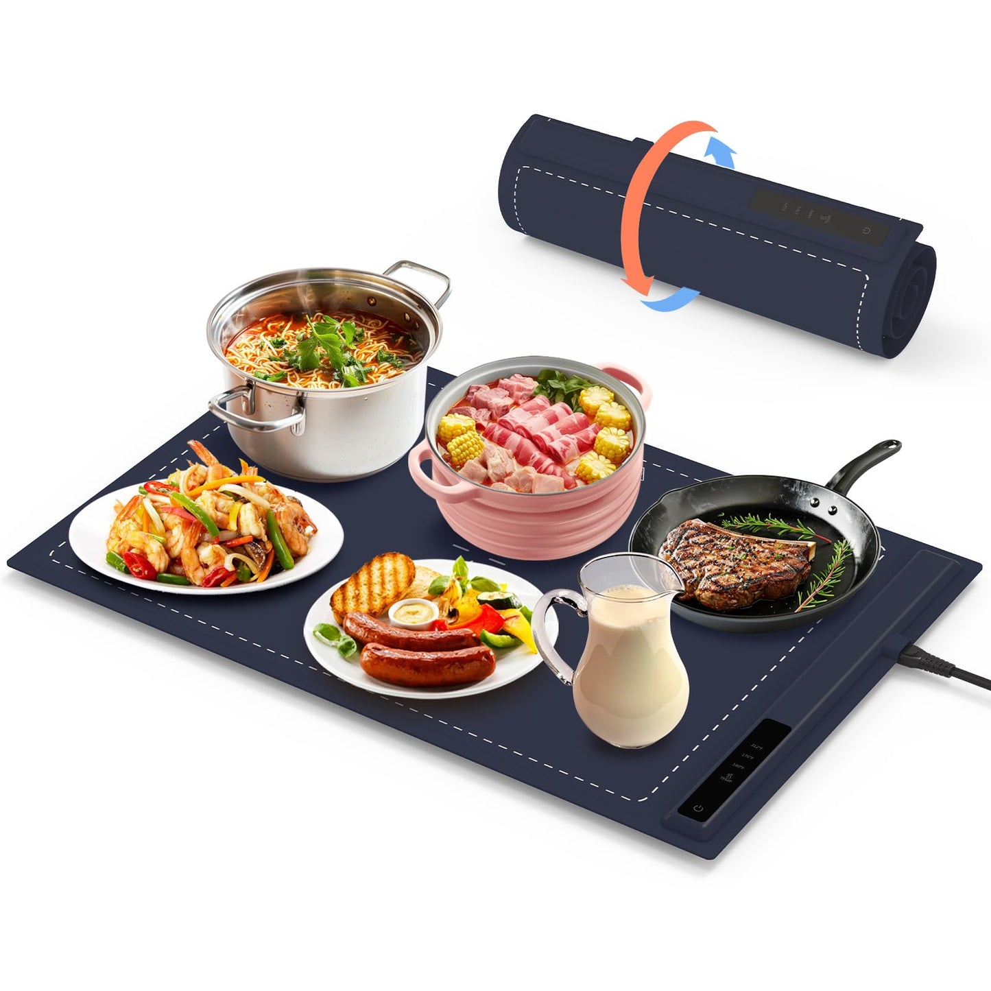 Electric Warming Tray - 3 Modes &Full Surface Heating,Rollable & Portable,Premium Silicone Nano-Material,3 Temperature Settings,Auto Shut-Off -Versatile Food Warmer for Gatherings,Parties (Dark Blue)