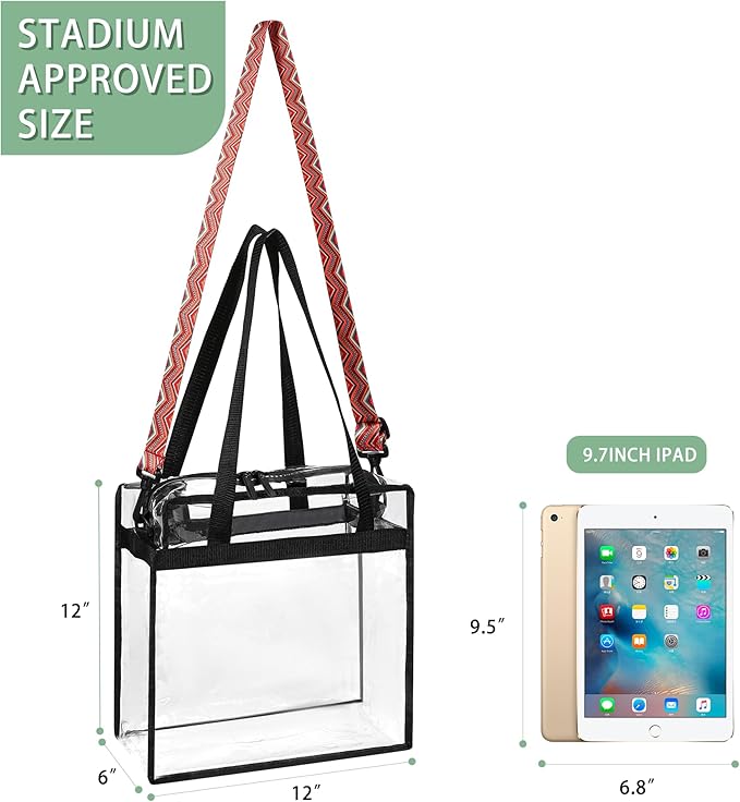 BAGAIL Clear Bags 12x6x12 Stadium Approved Clear Tote Bag with Zipper Closure Crossbody Shoulder Bag with Adjustable Strap