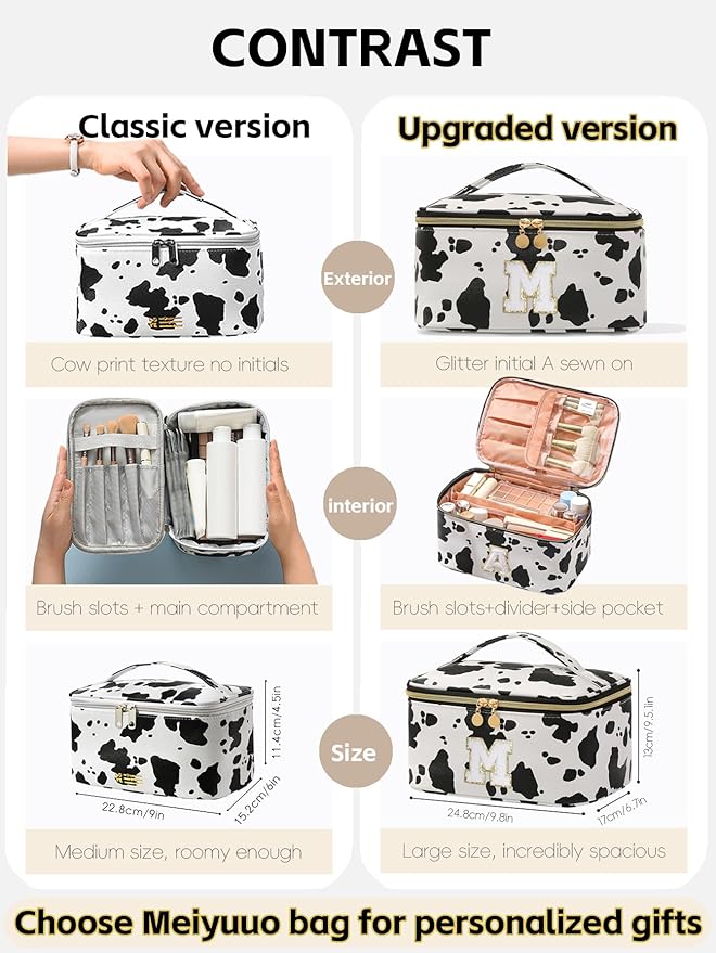 Meiyuuo Makeup Bag Large Cosmetic Bags for Women Girls Cute Travel Zipper Pouch Toiletry Organizer for Beauty Essentials Waterproof (Cow Print Initial Letter M)