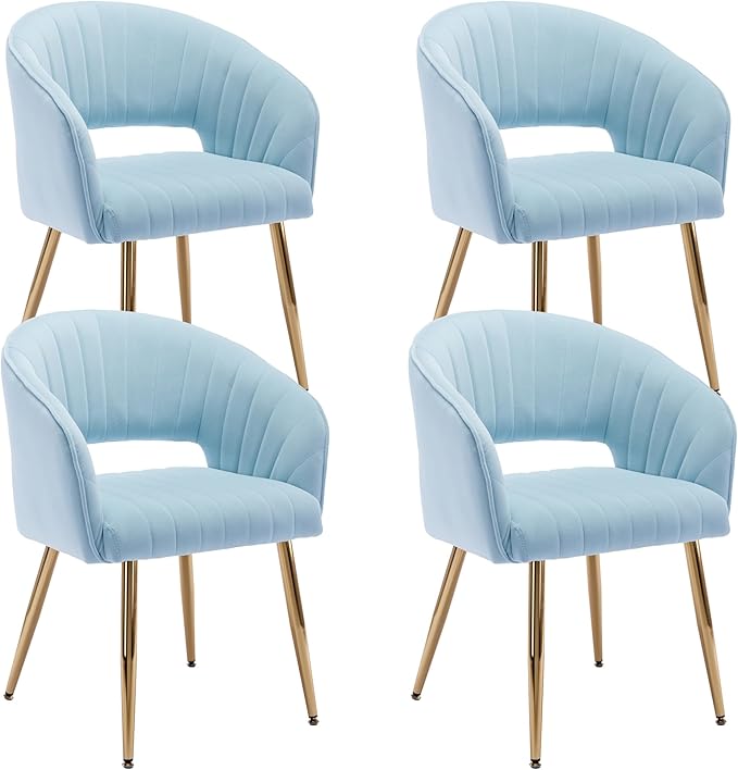 KCC Modern Accent Dining Chairs Set of 4, Upholstered Velvet Dining Room Chairs with Hollow Back, Tufted Kitchen Chairs Side Chairs with Gold Metal Legs for Living Room Restaurant, Baby Blue