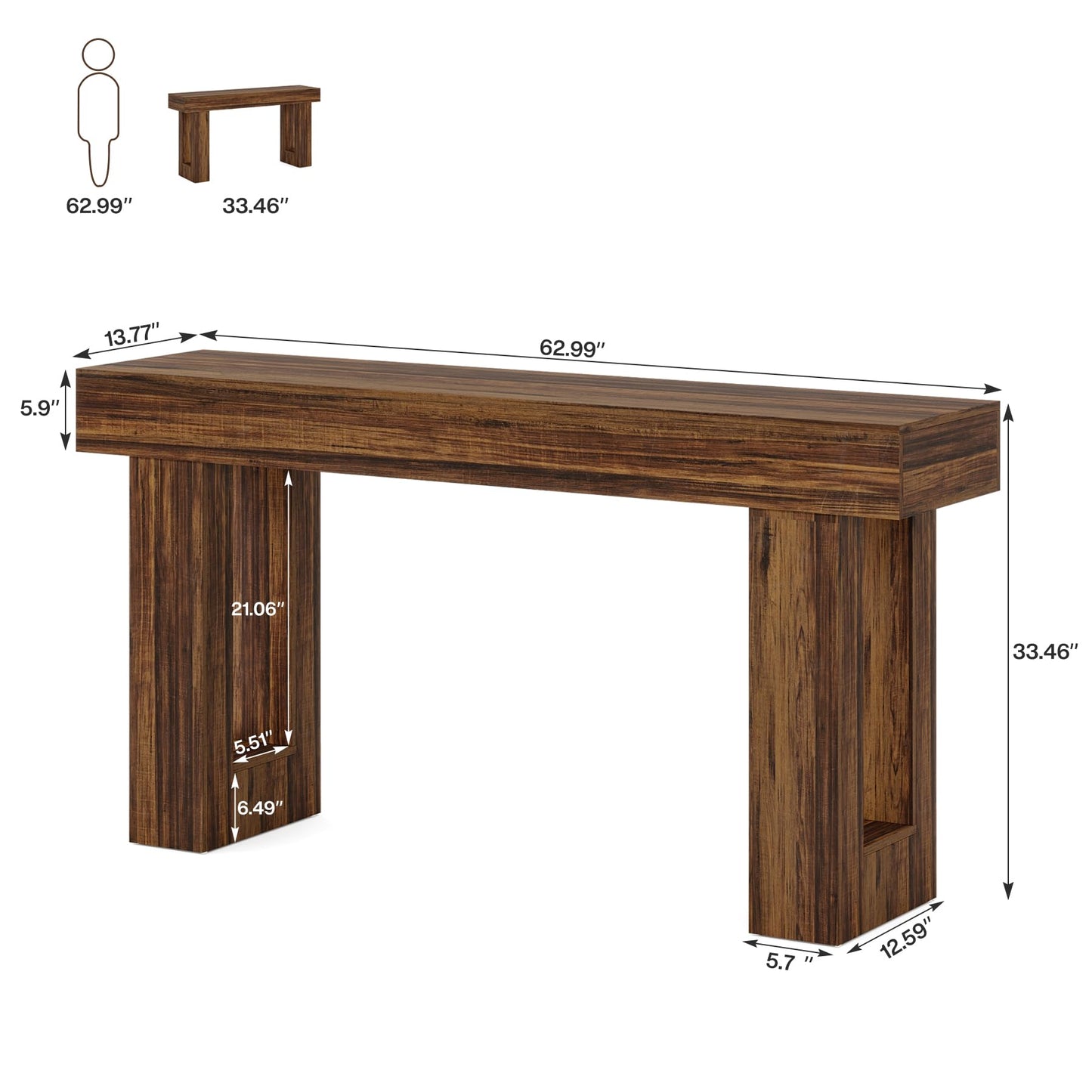 Tribesigns 63-Inch Long Console Table, MDF Wood Grain Rectangular Sofa Table Behind The Couch, Farmhouse Entryway Table for Entrance, Hallway, Living Room (Rustic Brown)