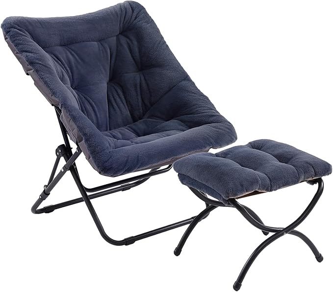Givjoy Comfy Folded Chair with Ottoman, Oversized Folding Faux Fur Chair Soft Furry Lounge Lazy Chair with Metal Frame Moon Chair Accent Chair for Bedroom, Living Room, Dorm Rooms