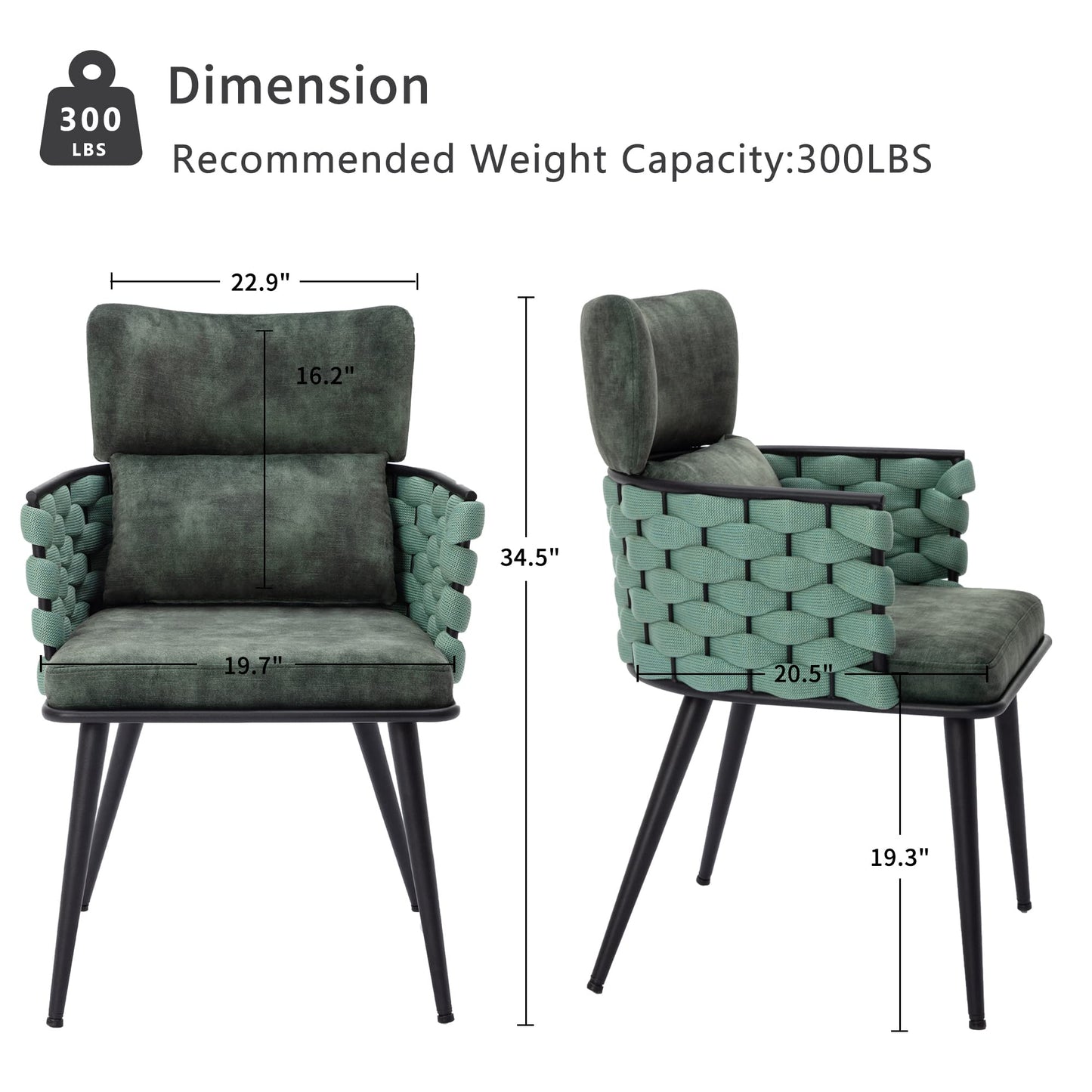 BFZ Mid-Century Modern Dining Chairs Set of 2, Handmade Woven Kitchen Chairs, Upholstered Velvet Dining Chairs with Metal Legs for Kitchen, Dining Room, Living Room