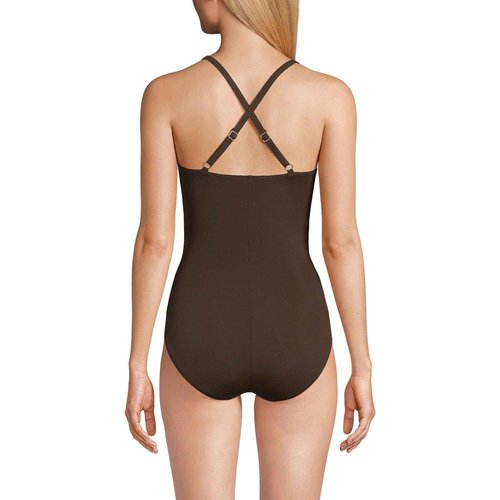 Lands' End Women's Slender Suit V-Neck Pleated X-Back One Piece Swimsuit 16 Rich Coffee